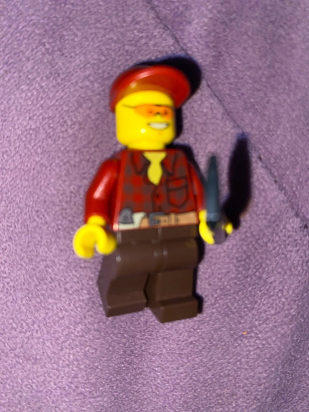 Lego Minifigure Red Jacket Brown Pants Yellow Head with Knife Accessory